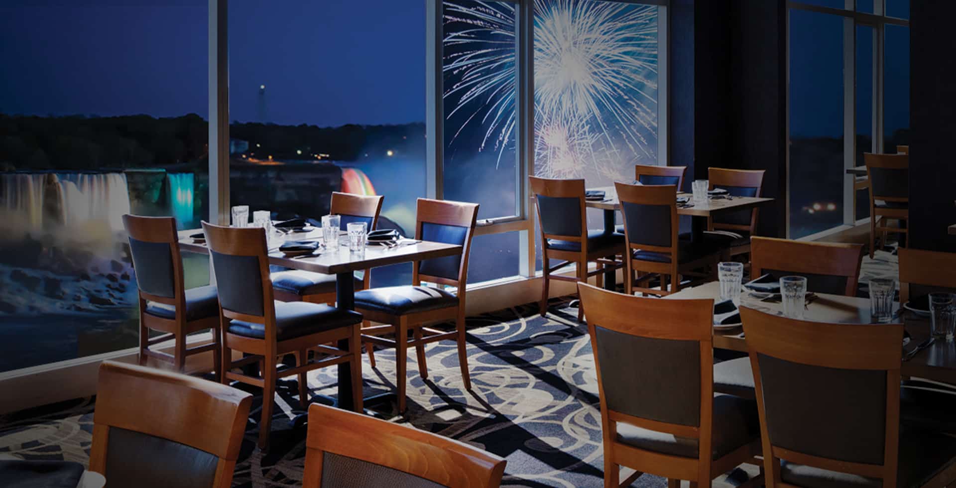 Fireworks over Niagara Falls, seen from the Fallsview Grand Buffet restaurant